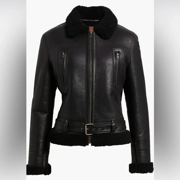 Frye Black Leather Jacket with genuine shearling trim - Picture 2 of 9